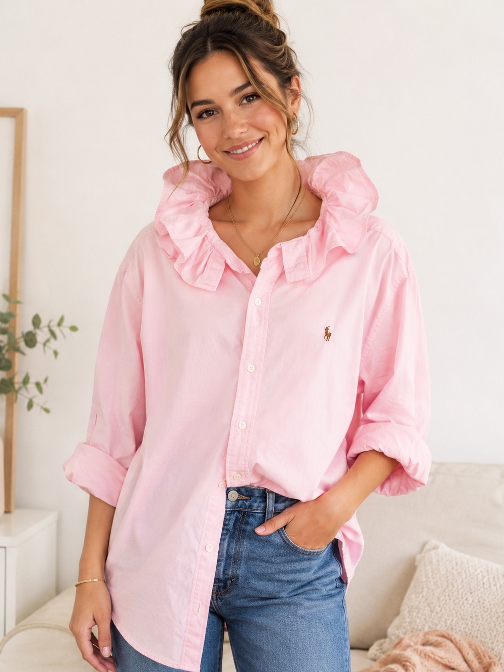 Ralph Lauren Men’s Shirt Reworked Women’s Oversized Pink Ruffle Collar Large